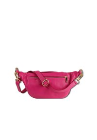 Roze leren crossbodytas met gouden beslag, voorzien van een ritssluiting en een brede verstelbare band voor comfort. Soepele textuur en afgeronde vorm.