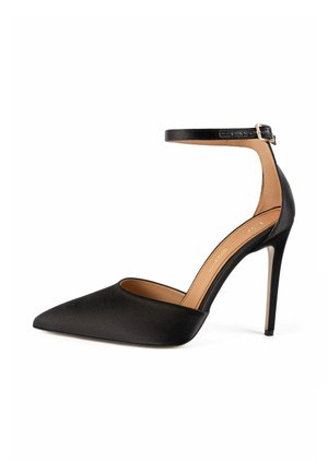 Décolleté nera con tacco a stiletto e cinturino alla caviglia. Parte superiore in pelle testurizzata e fodera interna liscia. Design con tacco alto.