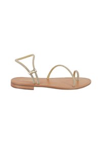 Sandal con cinturino metallico dorato e suola piatta in pelle marrone, caratterizzato da cinturini sottili e un delicato accento a fibbia. Design semplice e aperto.