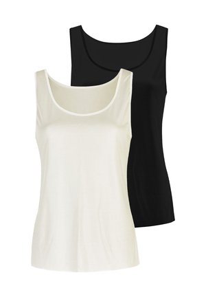 Two sleeveless scoop neck tank tops, one white in front and one black behind, displayed on a white background.