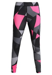 Leggings negras con patrones geométricos en rosa, gris y negro. Hechas de tela elástica, cuentan con una cintura alta y un diseño elegante.