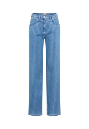 Jean en denim bleu avec des fines rayures verticales blanches, fermeture avant par bouton et zip, poches avant, coupe droite.