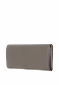 Portefeuille en cuir gris avec une texture lisse, de forme rectangulaire, et une étiquette logo à l'avant. Il dispose d'un design pliable pour une fermeture sécurisée.