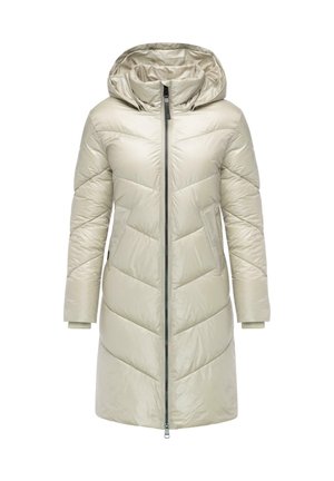 Light beige puffer coat with a hood, zip closure, and side pockets. Features diagonal quilted pattern and ribbed cuffs for comfort.
