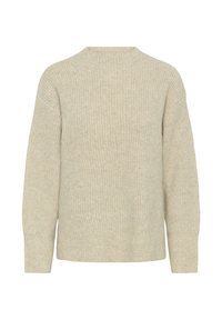 Beige knitted long-sleeve sweater with ribbed texture, round neckline, and relaxed fit shown against a white background.