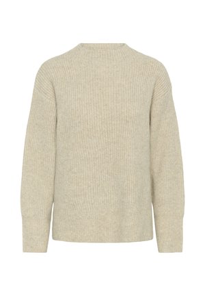 Pull en tricot beige à manches longues avec texture côtelée, encolure ronde et coupe décontractée présenté sur fond blanc.