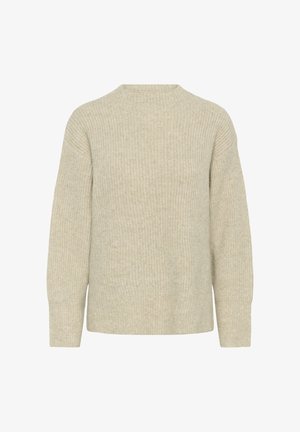 Beige gestrickter Pullover mit langen Ärmeln, gerippter Textur, runder Ausschnitt und lockerer Passform, vor einem weißen Hintergrund gezeigt.