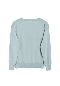 Pull léger bleu avec des manches longues, des bords-côtes aux poignets et à l'ourlet, et une coupe décontractée. Fabriqué en tissu doux avec une texture lisse.