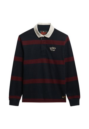 Langærmet polo-shirt i navy med maroon striber. Har en hvid krave og logo broderi. Fremstillet af bomuldsblandingsstof.