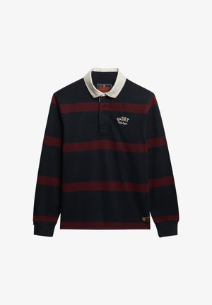 Langærmet polo-shirt i navy med maroon striber. Har en hvid krave og logo broderi. Fremstillet af bomuldsblandingsstof.