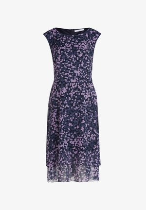 Seidenmischungskleid in Marineblau mit lilafarbenen Punktmustern, mit kurzen Ärmeln und lockerer Passform. Es hat einen zarten Saum mit einem transparenten Overlay.