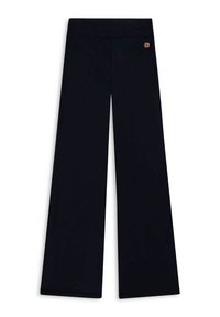 Pantaloni neri a gamba larga con una trama morbida, cintura elastica e un piccolo etichetta di marca sul lato sinistro. Senza fantasie né decorazioni.