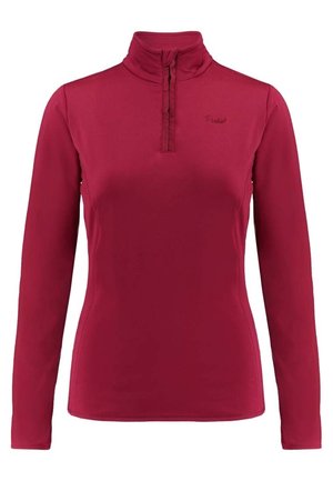 Dámský tmavě červený pulovr s dlouhými rukávy, stojáčkem a krátkým zipem uprostřed vpředu.