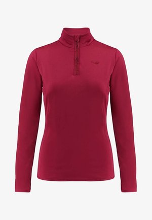 Damenpullover mit langen Ärmeln in dunklem Rot, mit Stehkragen und einem kurzen Reißverschluss in der vorderen Mitte.