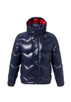 Navy blue shiny puffer jacket with red hood lining, front buttons, and drawstrings on the hood, designed for cold weather.