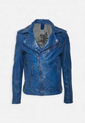 Blaue Lederbikerjacke mit asymmetrischem Frontreißverschluss, Reißverschlusstaschen und grafischem Innenfutter mit Löwenemblem.