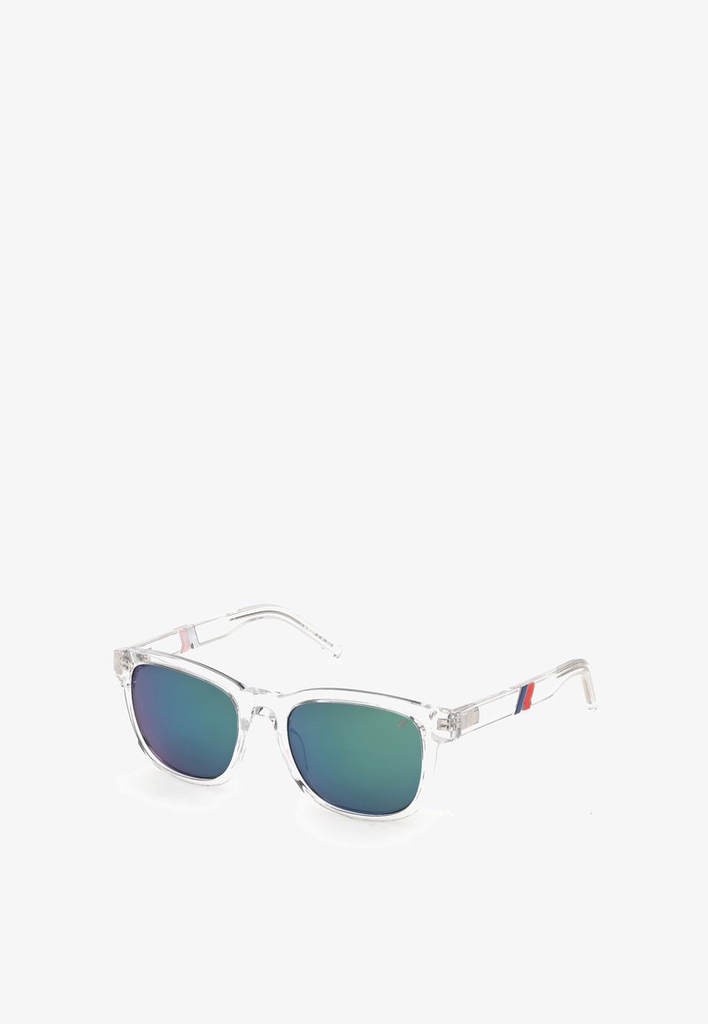 Clear plastic sunglasses with green mirrored lenses, square shape, and colorful striped accents on the temple.