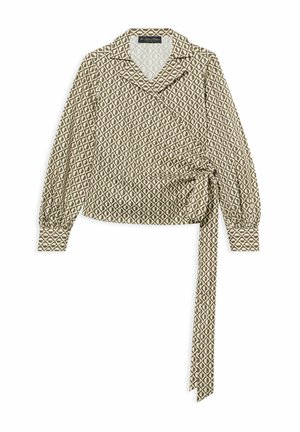 Beżowa bluzka kopertowa z geometrycznym wzorem diamentu, długimi bufkami, szerokimi mankietami i długim paskiem do wiązania po prawej stronie.