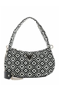 Sac en bandoulière noir et blanc à motifs avec une forme arrondie, texture tressée, bandoulière en chaîne et accent de logo. Présente une fermeture éclair et un fond rectangulaire.