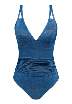 Maillot de bain une pièce bleu avec bretelles réglables, décolleté en V, détail froncé à la taille et texture de tissu scintillante.