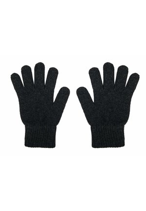 Schwarze gestrickte Handschuhe mit gerippten Bündchen, fünf Fingern und einem strukturierten Stoff für Wärme und Komfort.