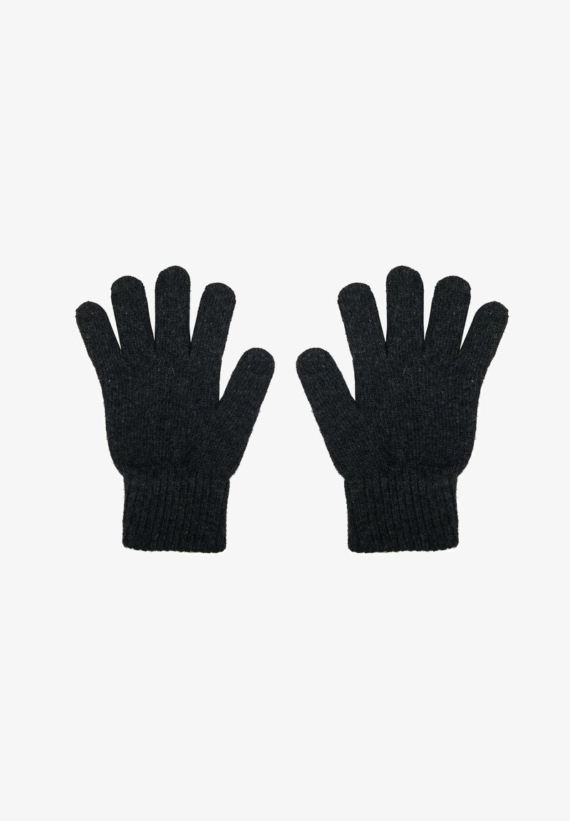 Knitted black gloves with ribbed cuffs, featuring five fingers and a textured fabric for warmth and comfort.