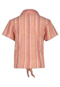 Camicia a maniche corte in tessuto leggero, caratterizzata da righe verticali in tonalità di rosso, arancione e giallo, con un dettaglio annodato sul retro.