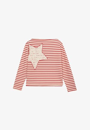 Wit overhemd met lange mouwen, voorzien van smalle rode horizontale strepen en een grote witte kanten ster die aan de bovenlinkerkant is genaaid.