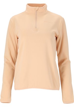 Helles Pfirsich-Fleece-Pullover mit Viertelreißverschluss, langen Ärmeln, strukturiertem Stoff und hohem Kragen. Mit kleinem Logo auf der oberen Brust.