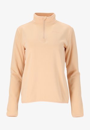 Lys ferskenfarvet quarter-zip pullover, lange ærmer, tekstureret stof og en høj krave. Har et lille logo på den øverste bryst.