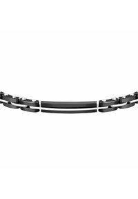 Bracciale in metallo nero con maglie incrociate dalle superfici lisce e accentuazioni lucide. Il segmento centrale presenta dettagli argentati lucidi.