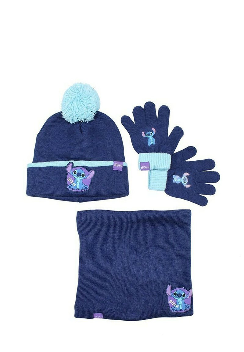 Gorro de punto navy con pom-pom azul claro y puños, guantes a juego con puños y una bufanda, todos con gráficos y acentos de Stitch.
