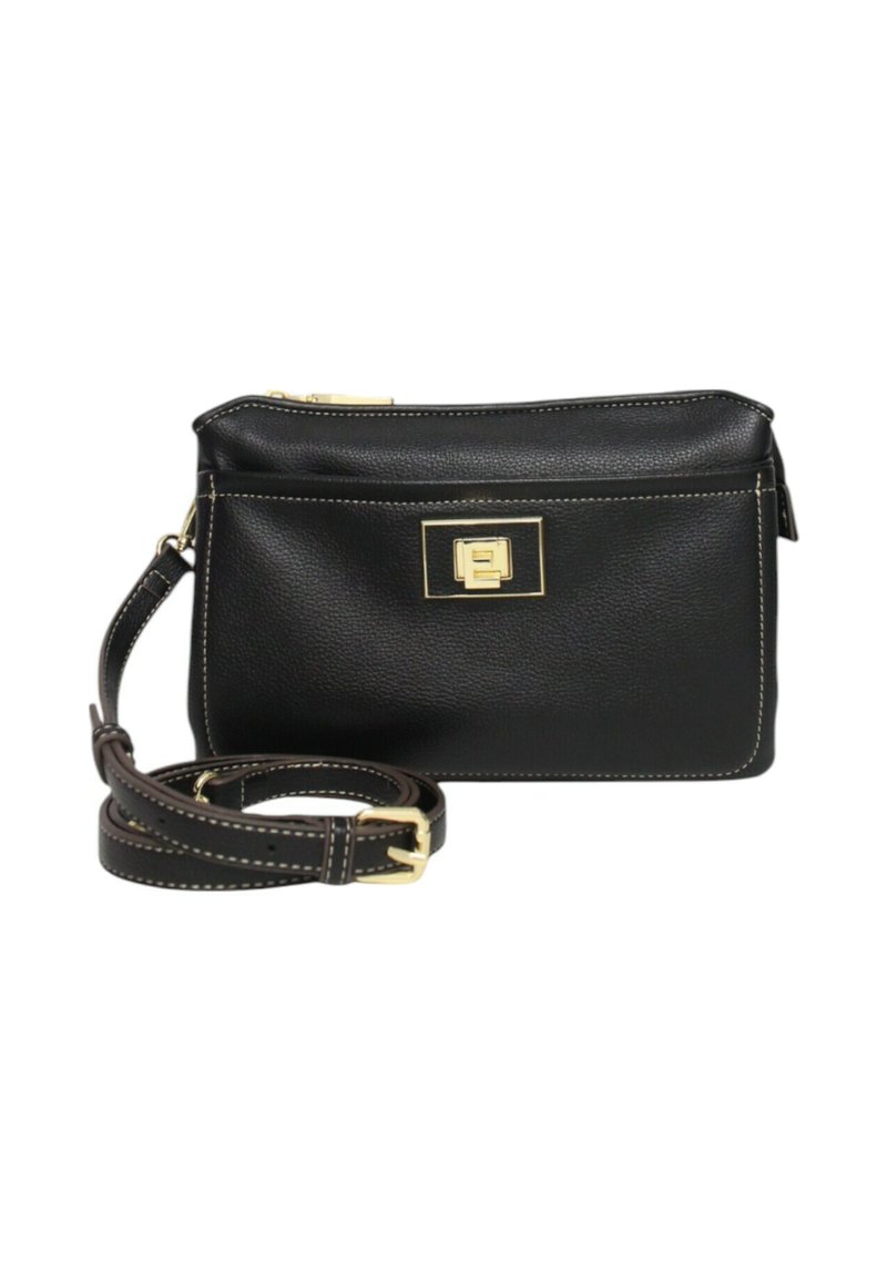 Borsa a tracolla nera in pelle con accessori in oro, chiusura con zip e tracolla regolabile. Superficie testurizzata e dettagli di cucitura a contrasto.