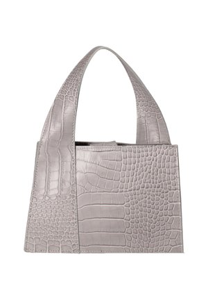 Piccola borsa grigia con texture effetto coccodrillo, ampi manici e corpo rettangolare, progettata per essere portata a mano o a spalla.