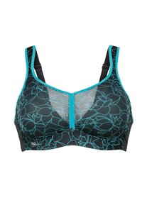 Schwarzer Sport-BH mit Mesh-Design und türkisfarbenen Blumenakzenten, verstellbaren Trägern und einer strukturierten Vorderseite für Unterstützung.