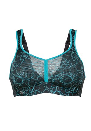 Sort sports-bh med mesh-design og turkise blomsterdetaljer, justerbare stropper og en struktureret frontpanel for støtte.