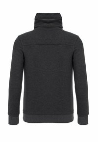 Dunkelgrauer Sweatshirt mit Reißverschluss und hohem Kragen, ausgestattet mit gerippten Bündchen und einer glatten Textur. Die Rückansicht zeigt verstärkte Schulternähte.