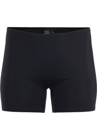 Schwarze Schwimmshorts aus glattem, dehnbarem Material. Mit einem mittelhohen Bund und einer taillierten Passform ohne sichtbare Beschläge oder Muster.