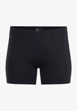 Shorts de bain noirs en tissu lisse et extensible. Présentent une taille mi-haute et un design ajusté sans quincaillerie ou motifs visibles.