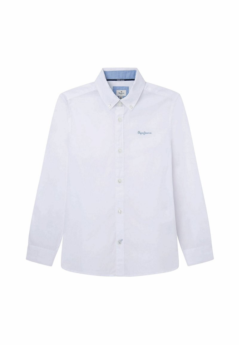 Chemise blanche à manches longues avec boutons, col intérieur bleu clair et "Pepe Jeans" brodé sur la poitrine gauche.