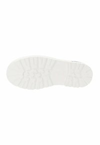 Suela de goma blanca de un zapato con un dibujo texturizado y un patrón para ofrecer agarre y estabilidad, con bordes redondeados y una superficie lisa.