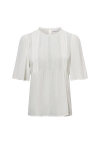 Weißes kurzärmliges Bluse mit plissiertem Design, Rundhalsausschnitt und Knopfverschluss auf der Rückseite. Weicher Stoff mit leicht strukturiertem Aussehen.