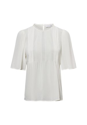 Weißes kurzärmliges Bluse mit plissiertem Design, Rundhalsausschnitt und Knopfverschluss auf der Rückseite. Weicher Stoff mit leicht strukturiertem Aussehen.