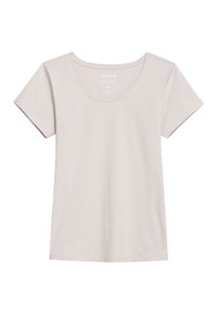 Jasnobeżowy T-shirt z krótkim rękawem i okrągłym dekoltem, wykonany z gładkiej tkaniny, ułożony na płasko na białym tle.