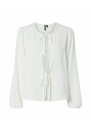 Bela bluzica, izdelana iz lahkotnega materiala, z okroglim izrezom, dolgimi napihnjenimi rokavi in podrobnostjo na sprednji strani z več zankami.