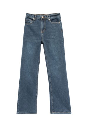Blauwe denim jeans met een wijde pijpdesign, voorzien van een knoopsluiting, voorzakken en een nette zoom. Soepele textuur met minimale details.