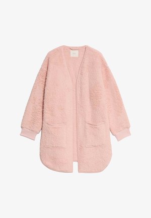 Nadýchaný, světle růžový kardigan z měkkého materiálu, se dlouhými rukávy, dvěma předními kapsami a otevřeným předním dílem.