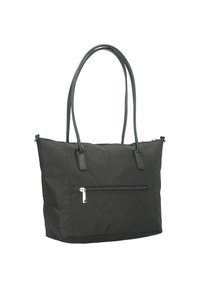 Borsa tote nera realizzata in tessuto resistente, dotata di due manici lunghi, una tasca frontale con zip e una texture liscia.