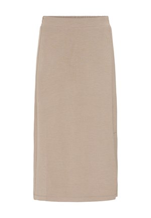 Béžová midi sukně z měkké látky, s rovým střihem a elastickým pasem. Bez viditelných vzorů nebo akcentů.