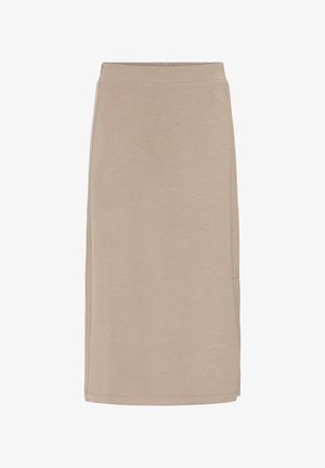 Jupe midi beige en tissu doux, avec une coupe droite et une ceinture élastique. Aucun motif ou accent visible.